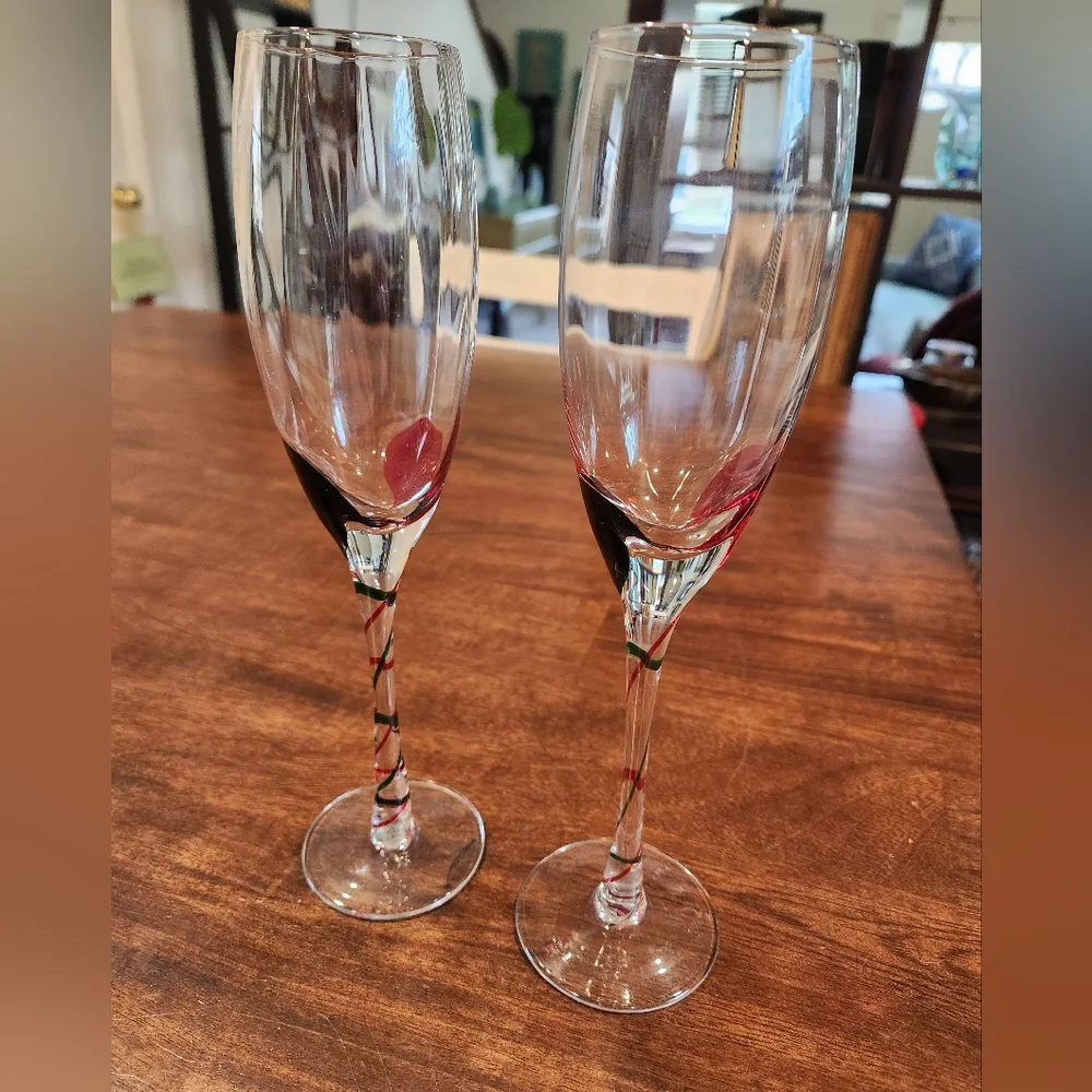 Set of 2 Pier 1 Swirl Stem Holiday Champagne Glass Flutes